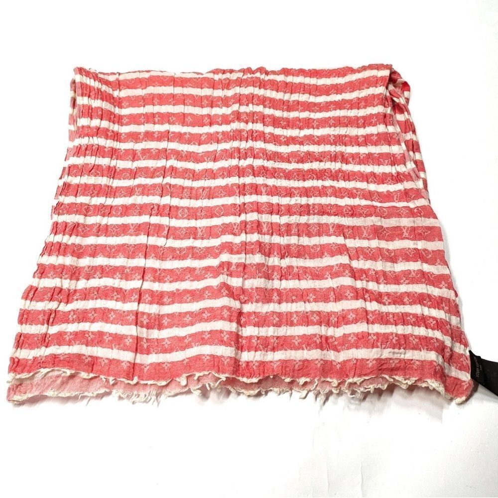 Auth Ltd Edition Louis Vuitton Red White Striped Lv Monogram Scarf Shawl Wrap